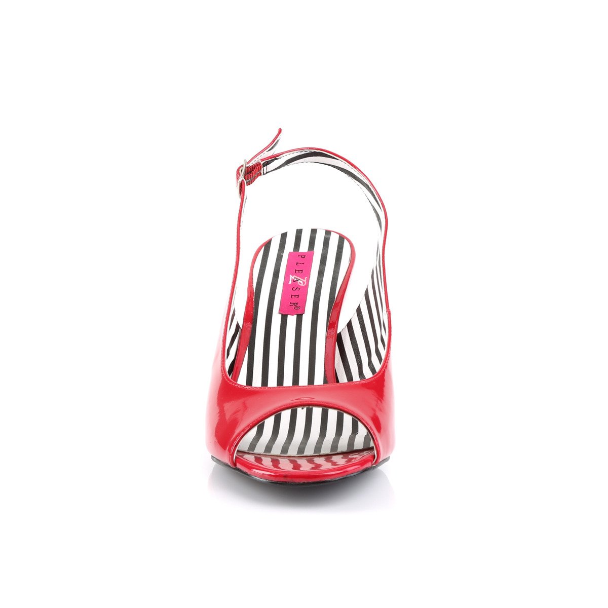 Pleaser Pink Label Jenna-02 R - Błyszczące czerwone czółenka z odkrytymi palcami i wolną piętą z szerokimi obcasami