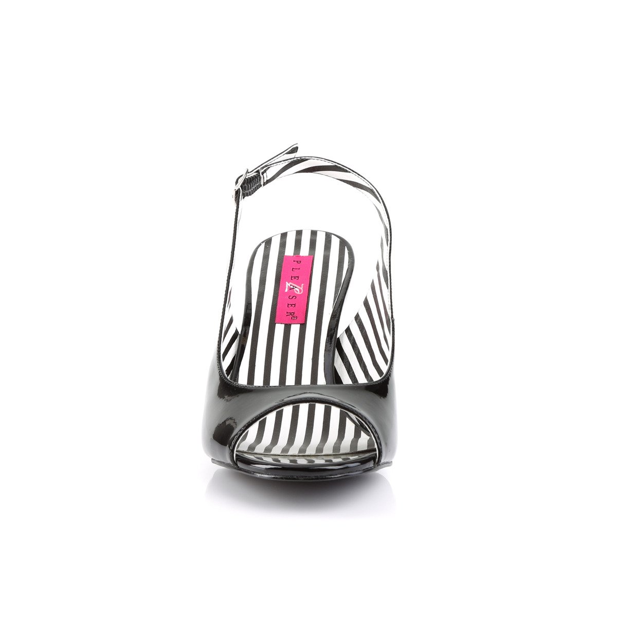 Pleaser Pink Label Jenna-02 B - Błyszczące czarne czółenka z odkrytymi palcami i wolną piętą z szerokimi obcasami