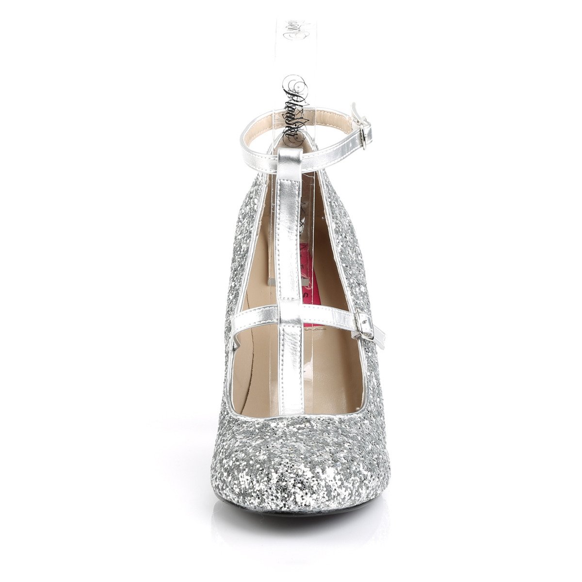 Pleaser Pink Label Queen-01 SPU-SG - Srebrne czółenka z paskami z wysokimi szerokimi obcasami