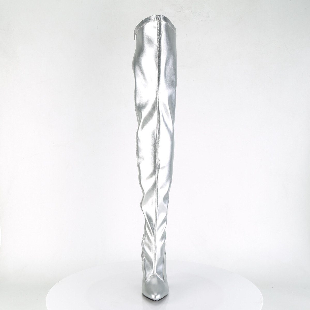 Pleaser Seduce-3000 S/PU - Srebrne kozaki za kolano na wysokim obcasie