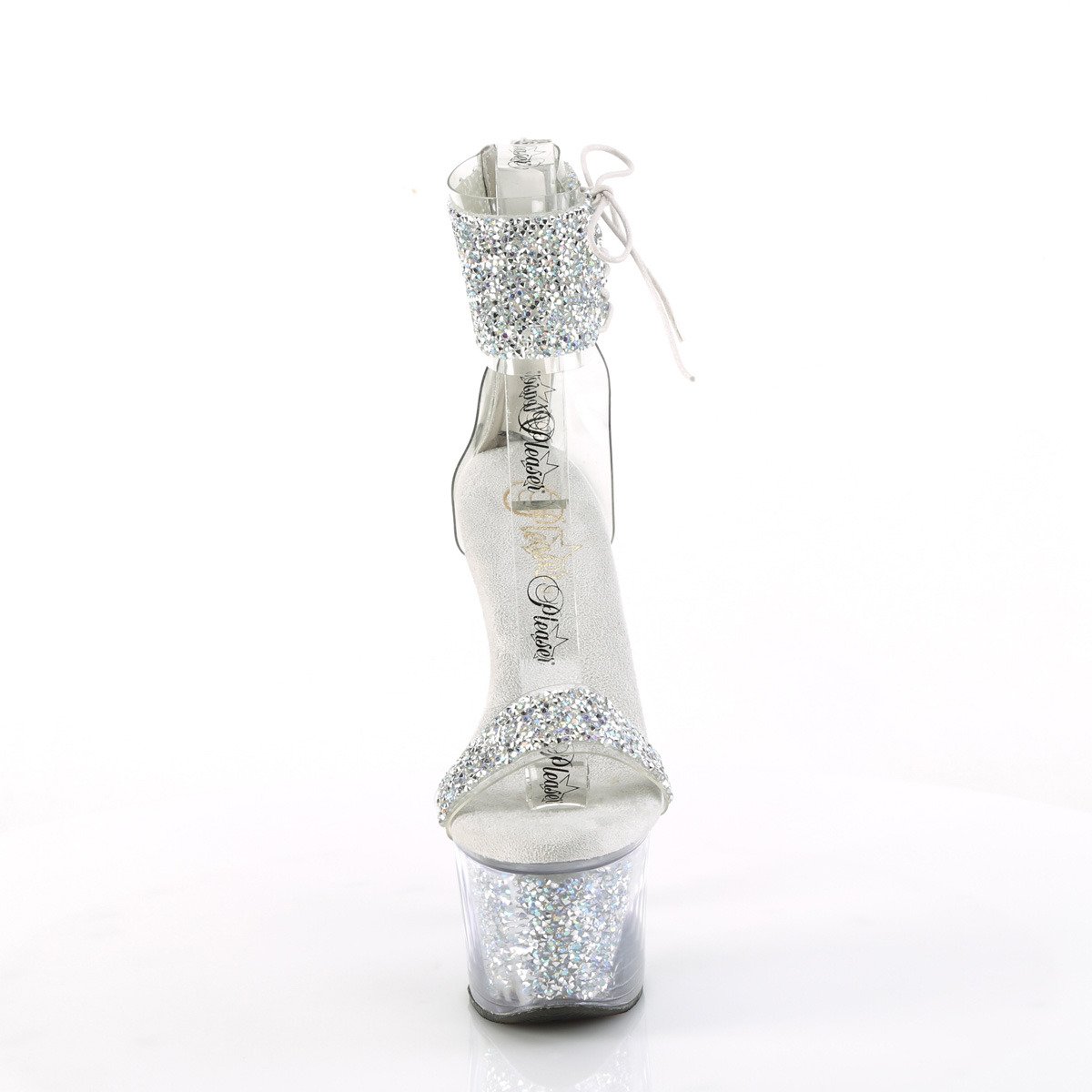 Pleaser Sky-327RSI RS-S/RS - Srebrne buty z paskiem nad kostką na wysokiej platformie