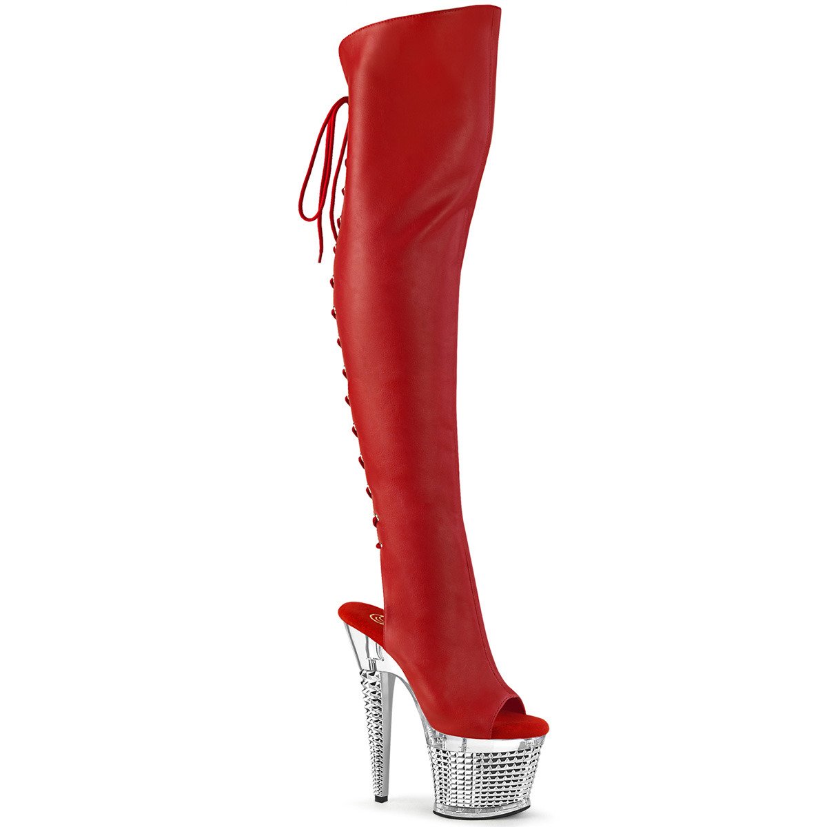 Pleaser Spectator-3019 RPU/C-SCH - Czerwone kozaki za kolano na wysokiej platformie