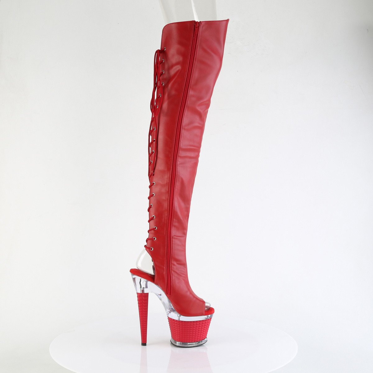 Pleaser Spectator-3030 RPU/C-R - Czerwone botki z odkrytymi palcami na wysokiej platformie