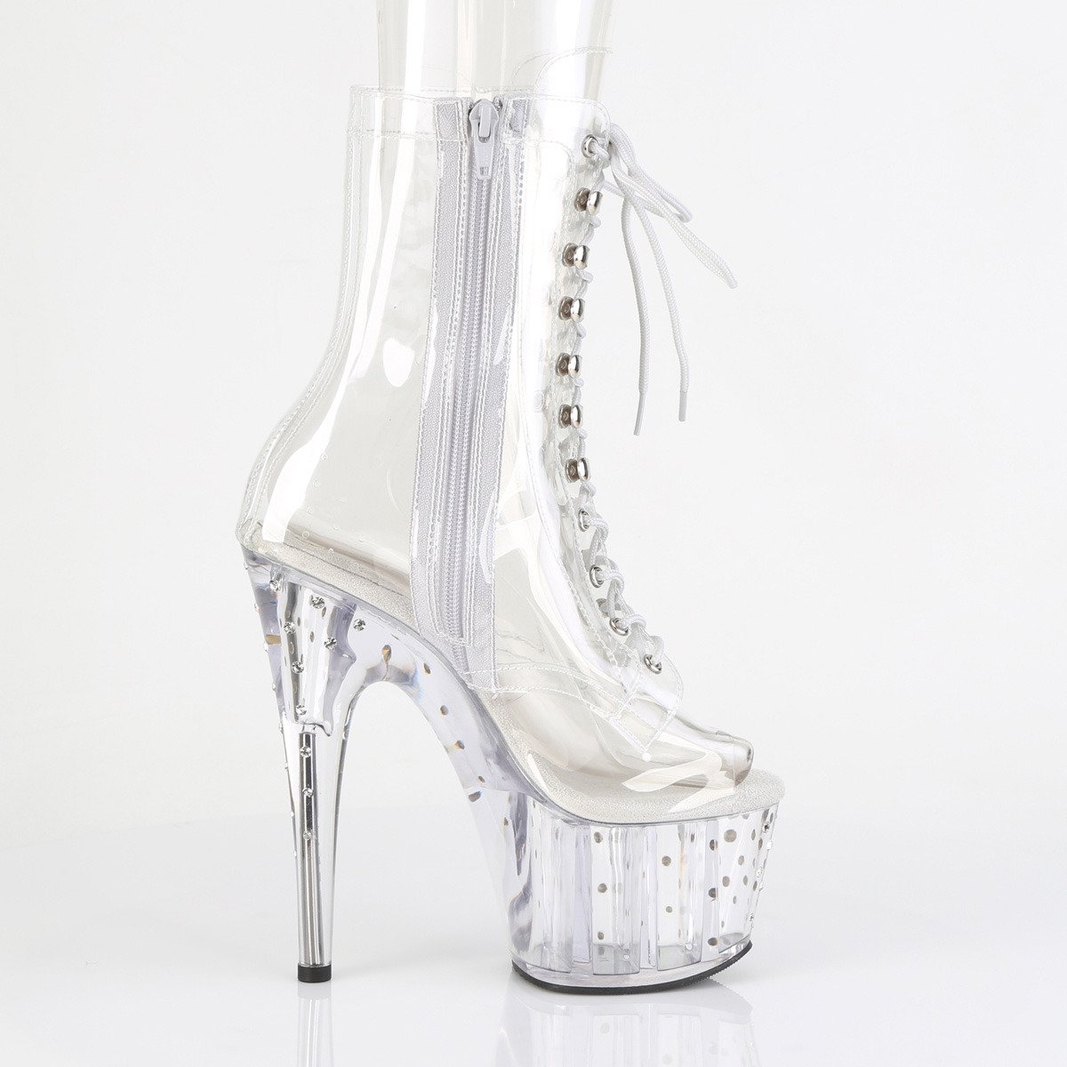 Pleaser Stardust-1021C-7 C/M - Przezroczyste botki z odkrytymi palcami na wysokiej platformie
