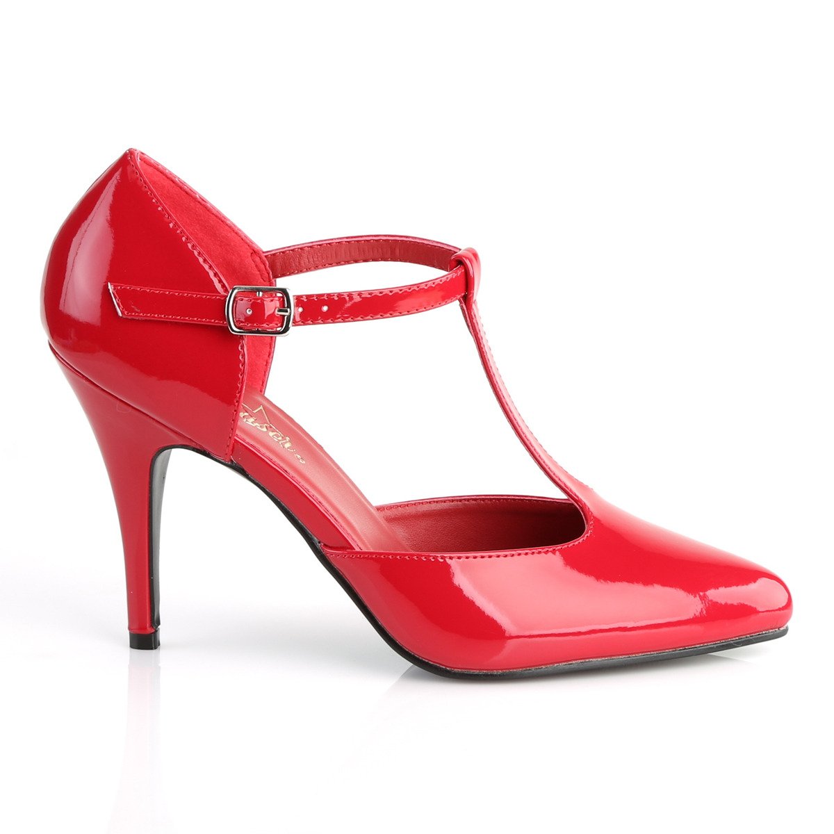 Pleaser Vanity-415 R - Błyszczące czerwone czółenka z paskami na wysokim obcasie