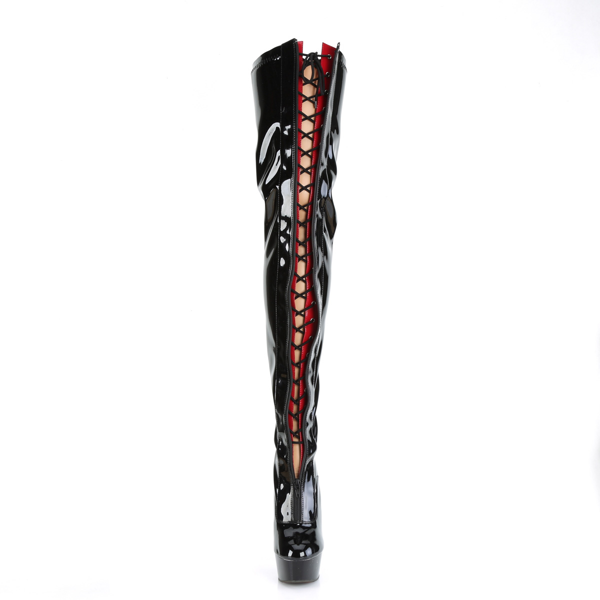 Pleaser Delight-3027 B-R/B - Błyszczące czarne kozaki za kolano na platformie z wysokimi obcasami
