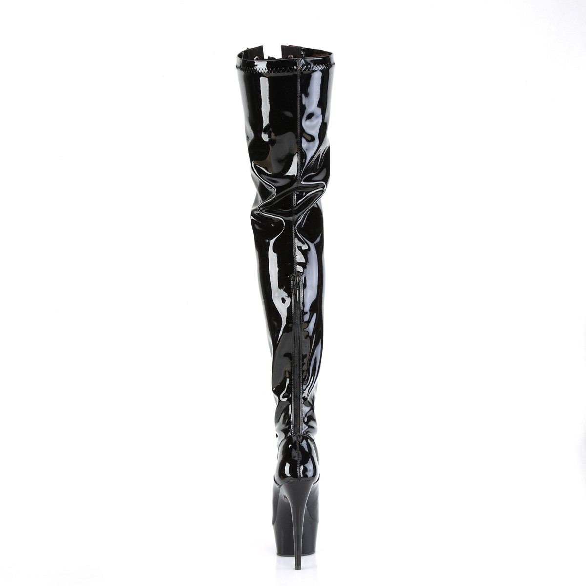 Pleaser Delight-3027 B-R/B - Błyszczące czarne kozaki za kolano na platformie z wysokimi obcasami