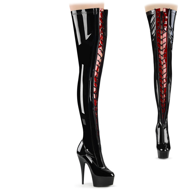 Pleaser Delight-3027 B-R/B - Błyszczące czarne kozaki za kolano na platformie z wysokimi obcasami