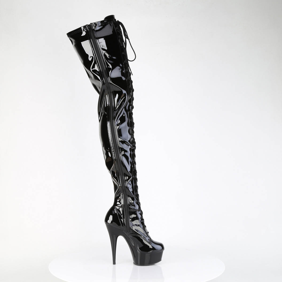 Pleaser Delight-4023 B/M - Błyszczące czarne kozaki za kolano na platformie z wysokimi obcasami