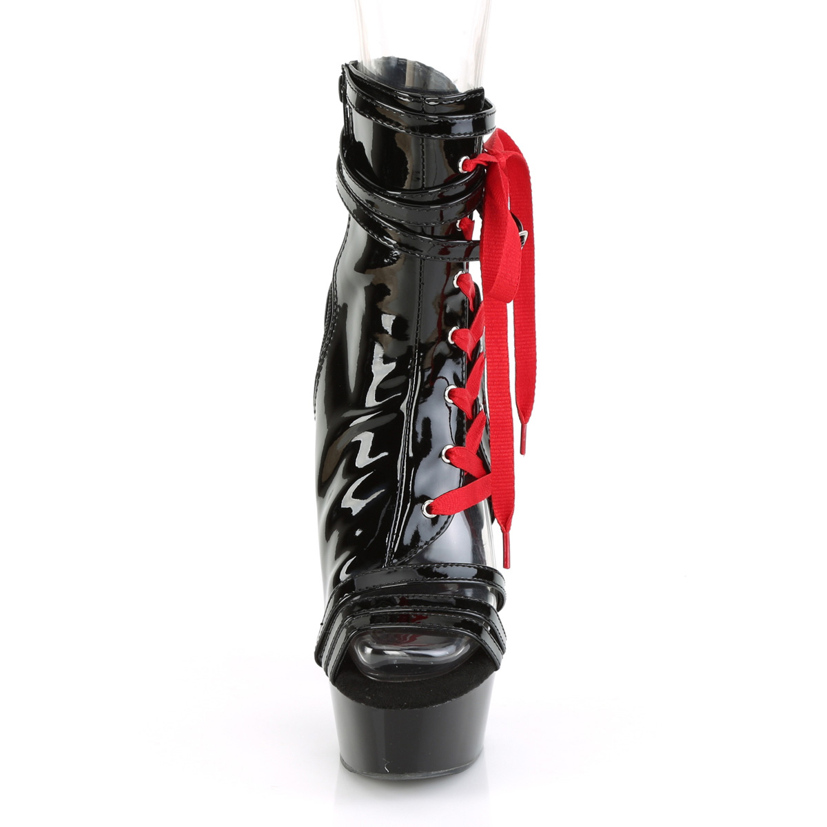 Pleaser Delight-600-36 B/M - Błyszczące czarne botki z odkrytymi palcami na platformie z wysokimi obcasami