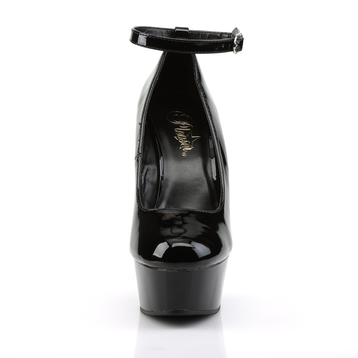 Pleaser Delight-686 B/M - Błyszczące czarne czółenka z paskami na platformie z wysokimi obcasami