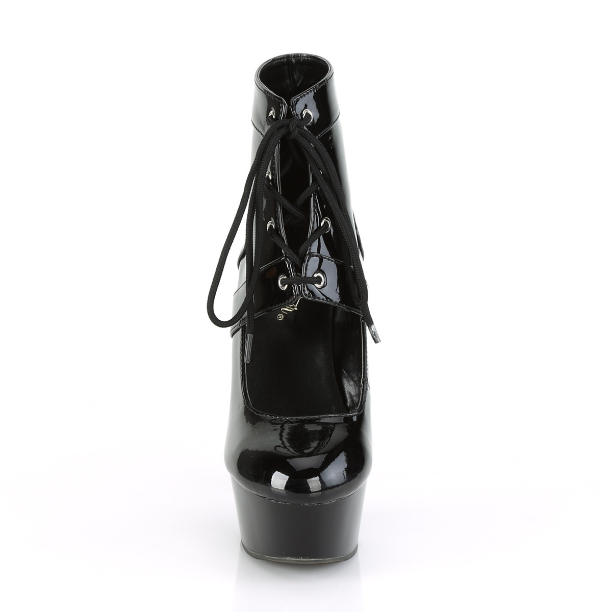 Pleaser Delight-688 B/M - Błyszczące czarne botky za kostkę na platformie z wysokimi obcasami