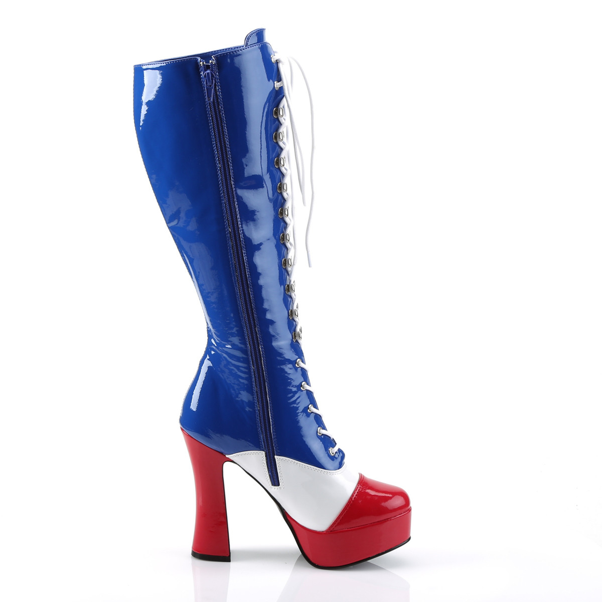 Funtasma Electra-2030 AF - Błyszczące niebieskie kozaki na platformie z wysokimi szerokimi obcasami