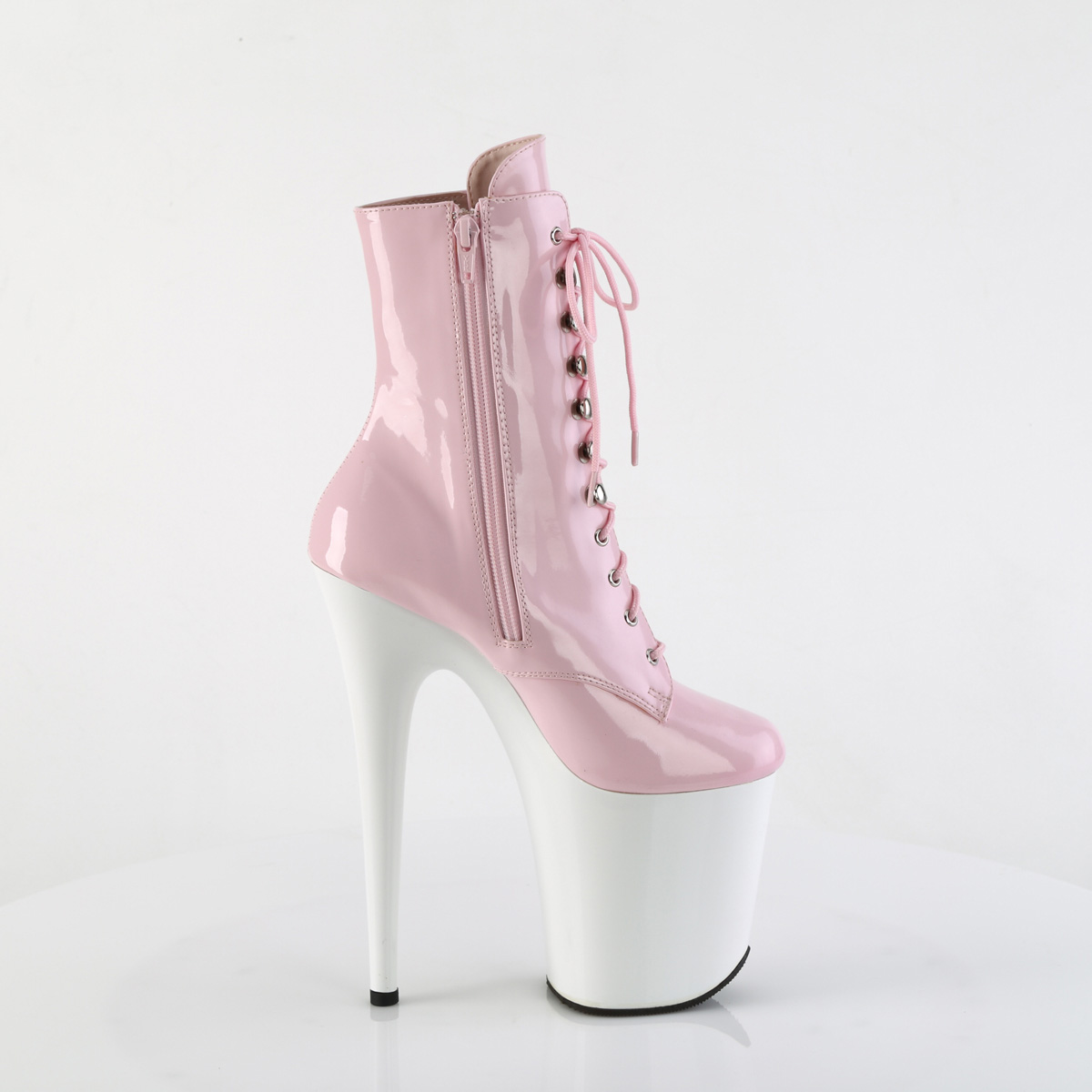Pleaser Flamingo-1020 BP/W - Błyszczące różowe buty za kostkę na wysokiej platformie