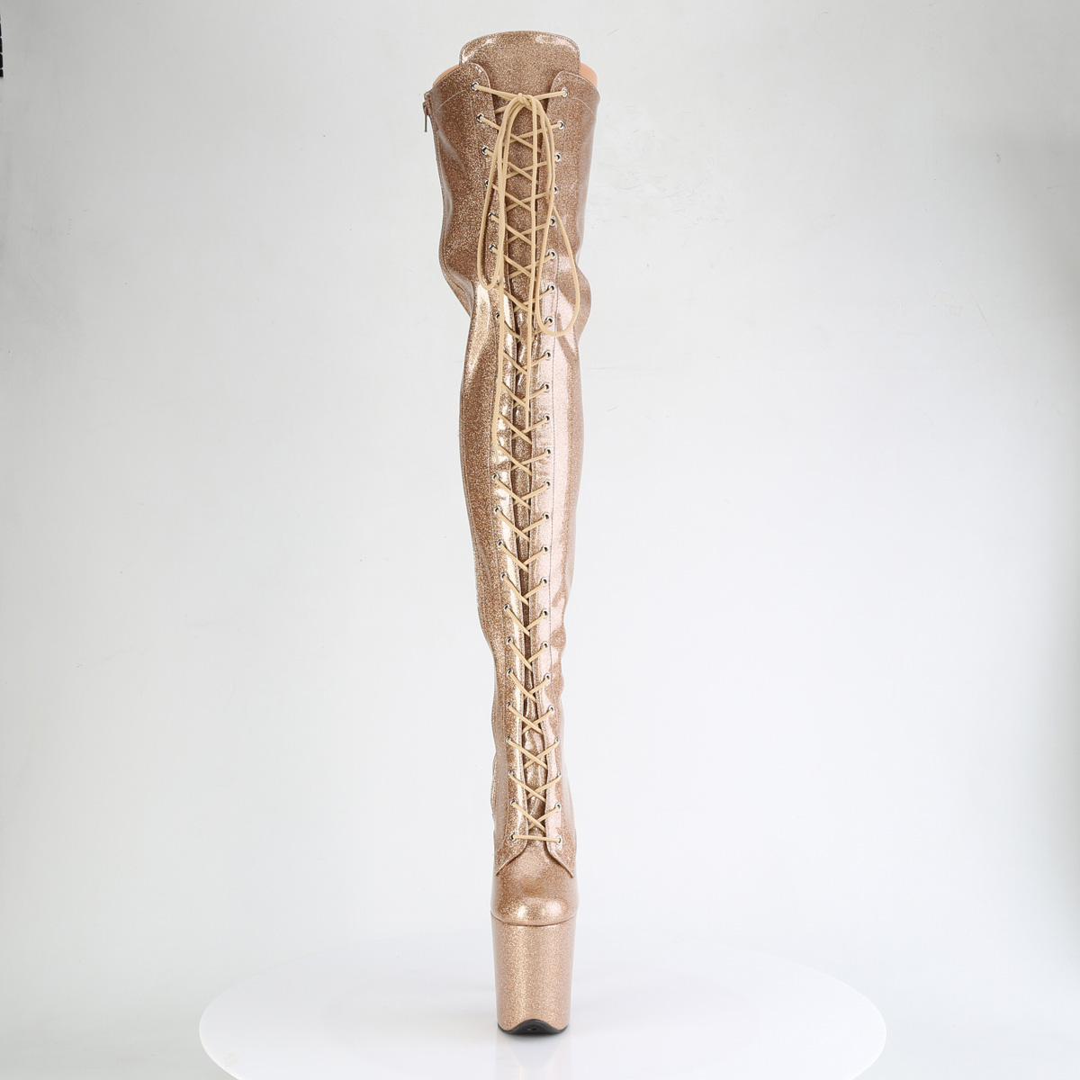 Pleaser Flamingo-3020GP GG/M - Błyszczące złote kozaki za kolano na wysokiej platformie