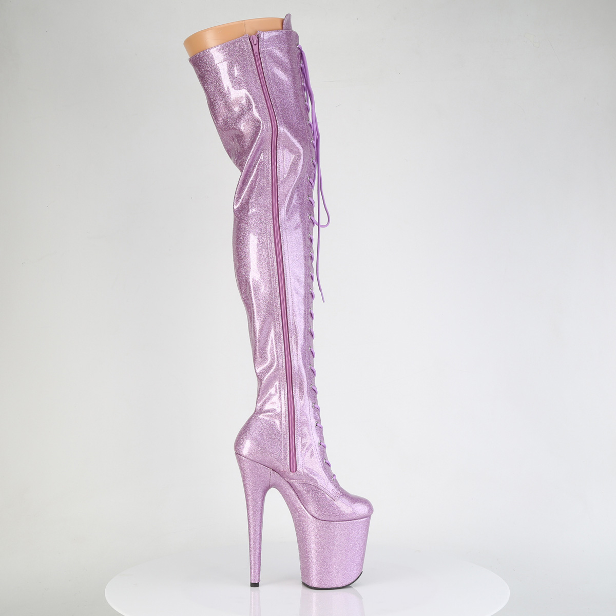Pleaser Flamingo-3020GP LLG/M - Błyszczące różowe kozaki za kolano na wysokiej platformie