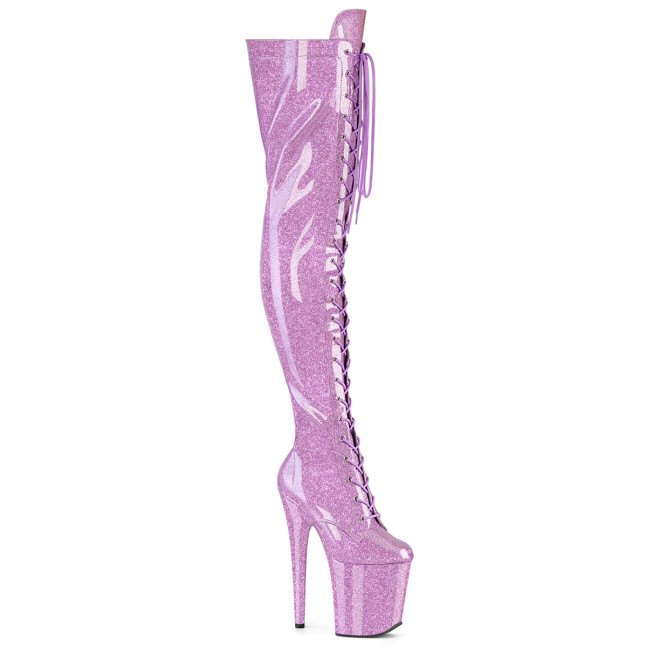 Pleaser Flamingo-3020GP LLG/M - Błyszczące różowe kozaki za kolano na wysokiej platformie