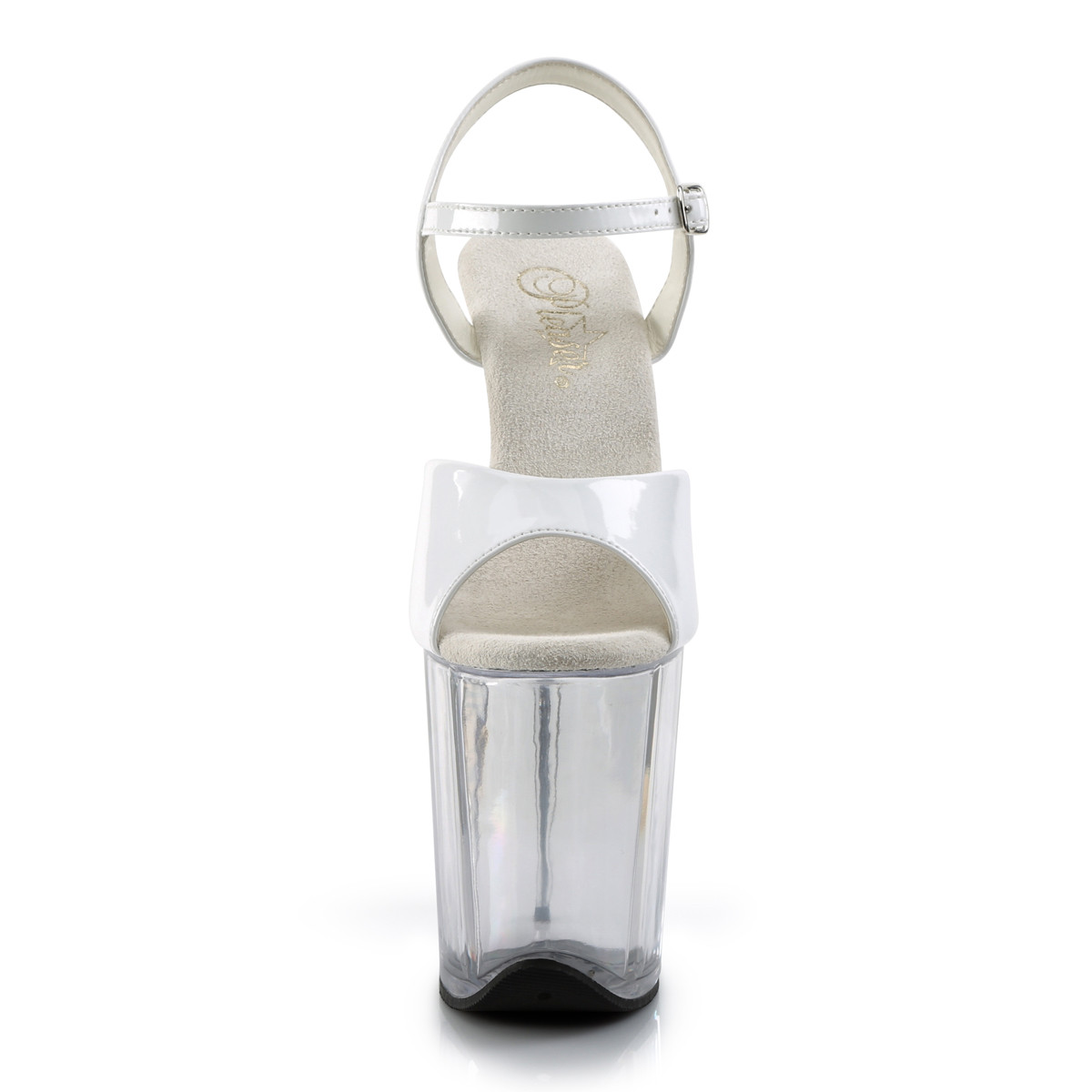 Pleaser Flamingo-809 W/C - Błyszczące białe sandały na wysokiej platformie