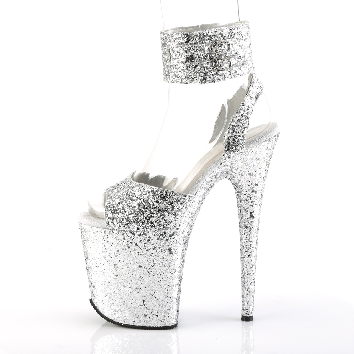 Pleaser Flamingo-891LG SG/M - Srebrne buty z paskiem nad kostką na wysokiej platformie