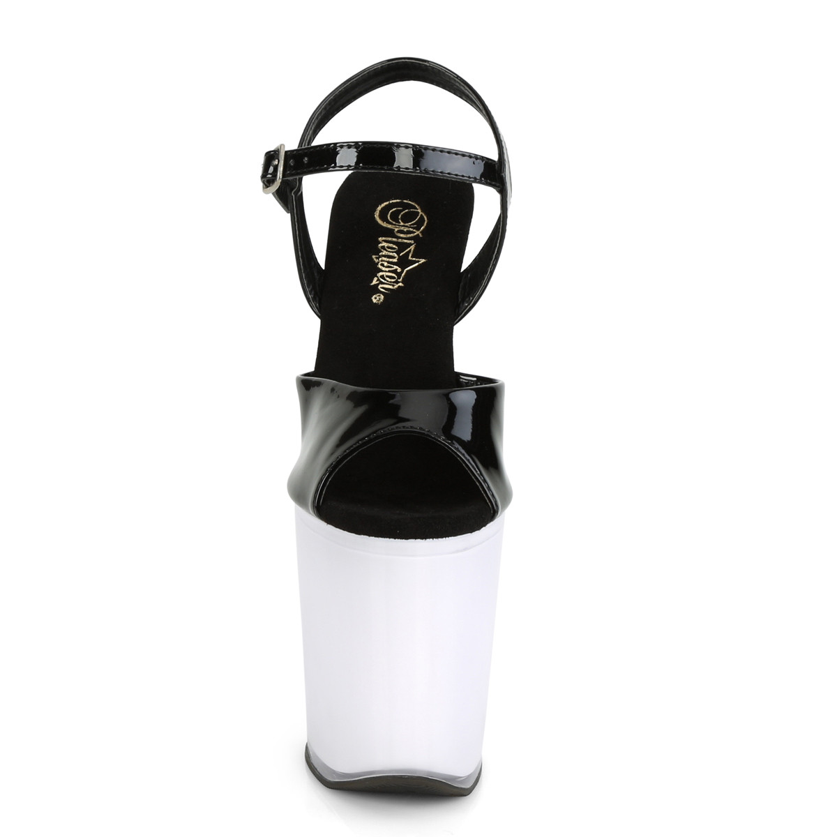 Pleaser Illuminator-809 B/WGLOW - Błyszczące czarne świecące sandały na wysokiej platformie