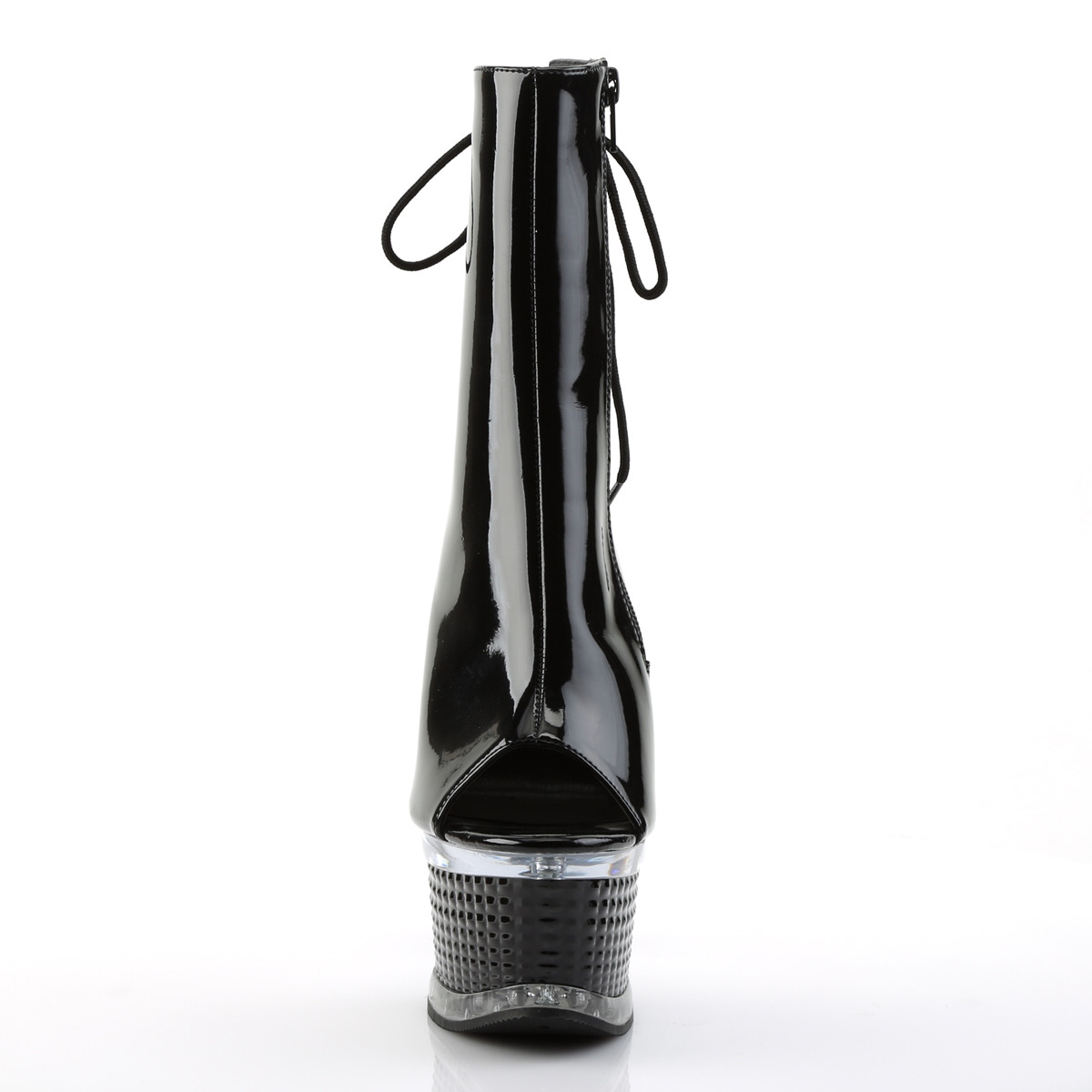 Pleaser Illusion-1018 B/M - Błyszczące czarne botki z odkrytymi palcami na platformie z wysokimi obcasami