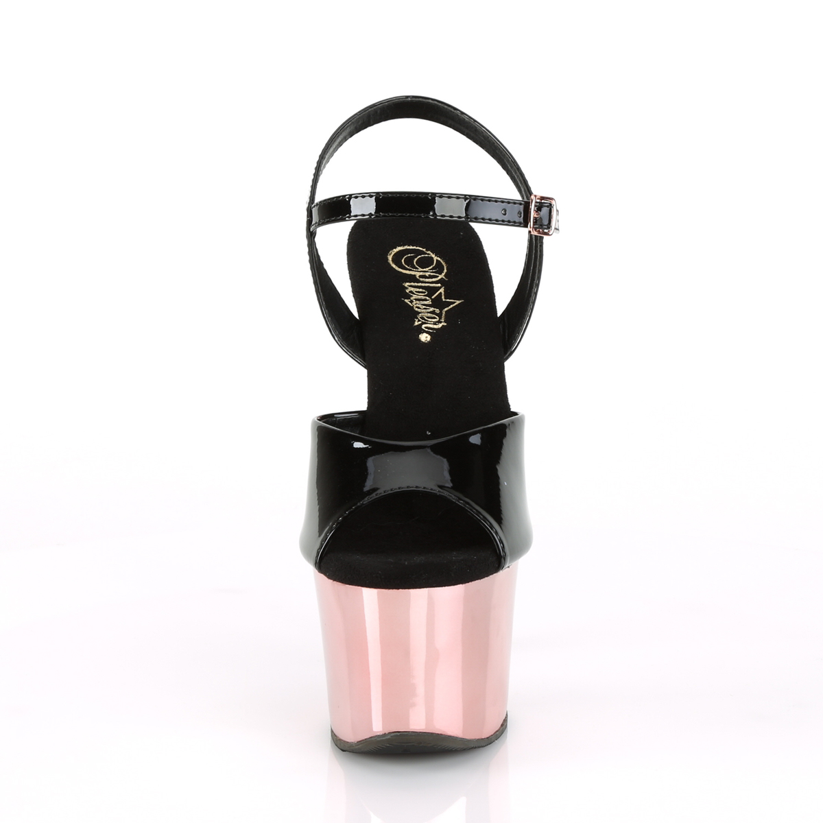 Pleaser Sky-309 B/ROGLDCH - Błyszczące czarne sandały na wysokiej platformie