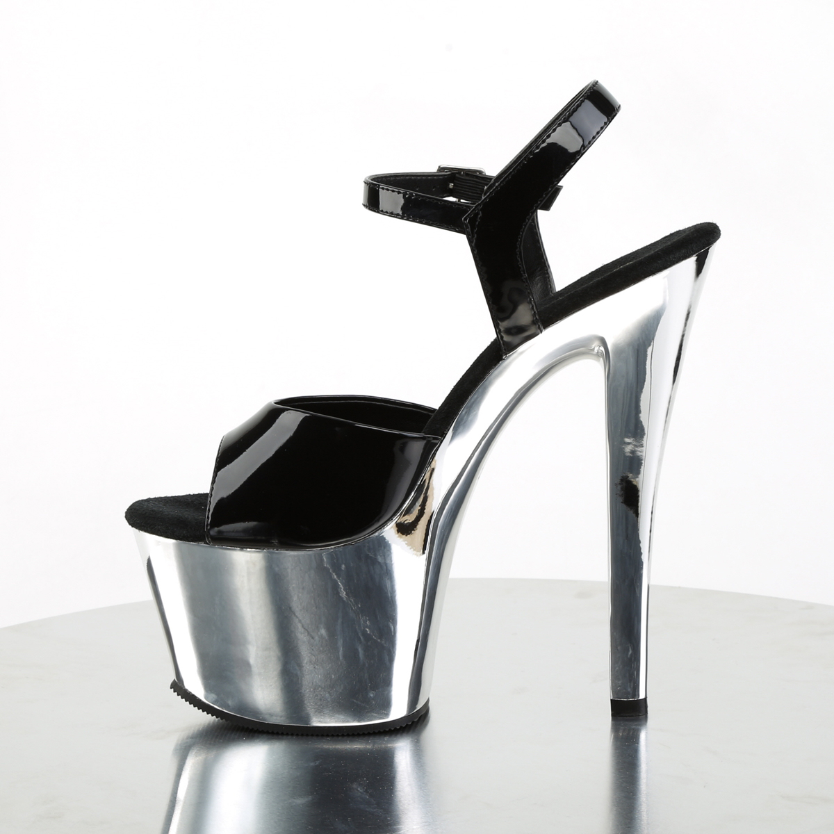 Pleaser Sky-309 B/SCH - Błyszczące czarne sandały na wysokiej platformie