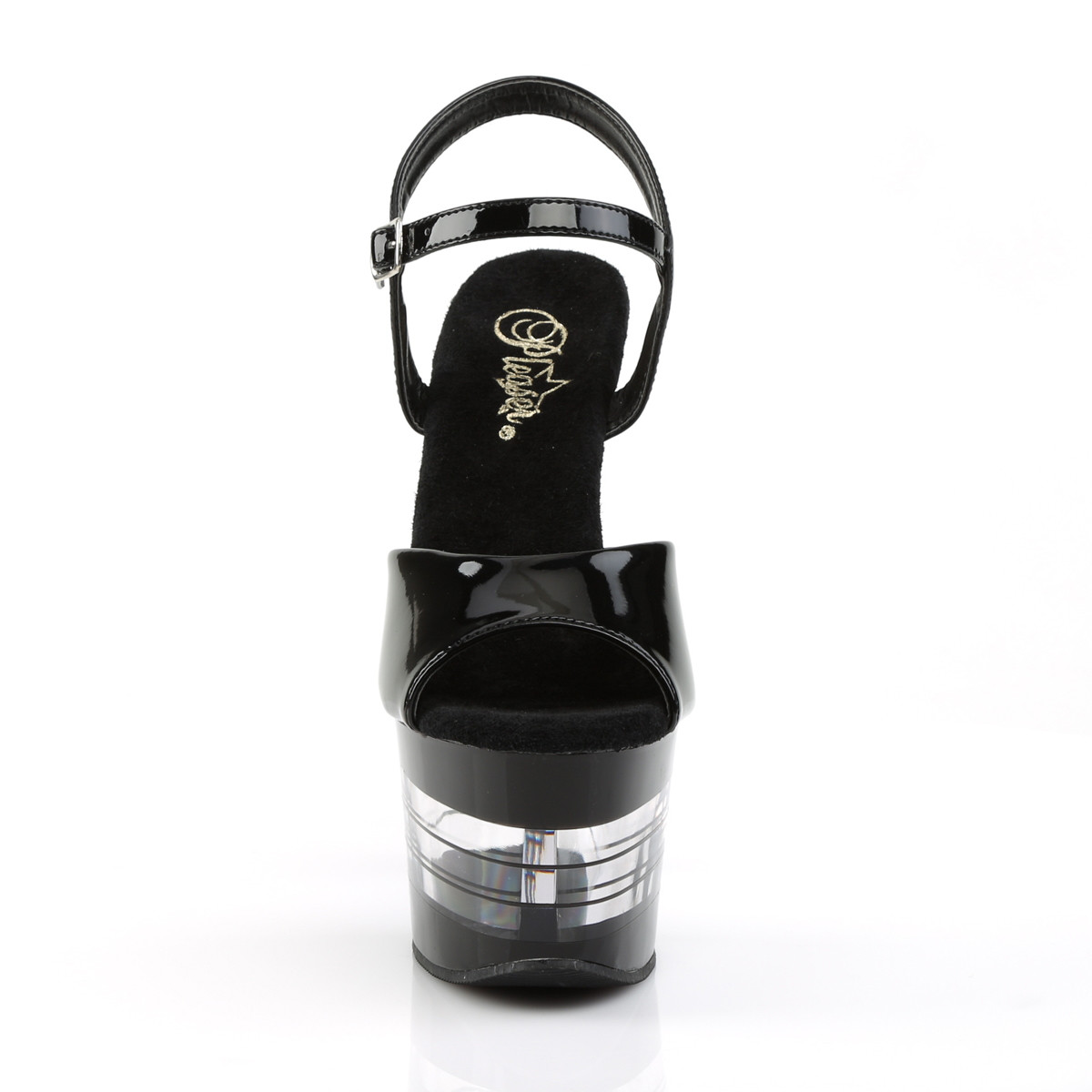 Pleaser Sky-309LN B/M - Błyszczące czarne sandały na wysokiej platformie