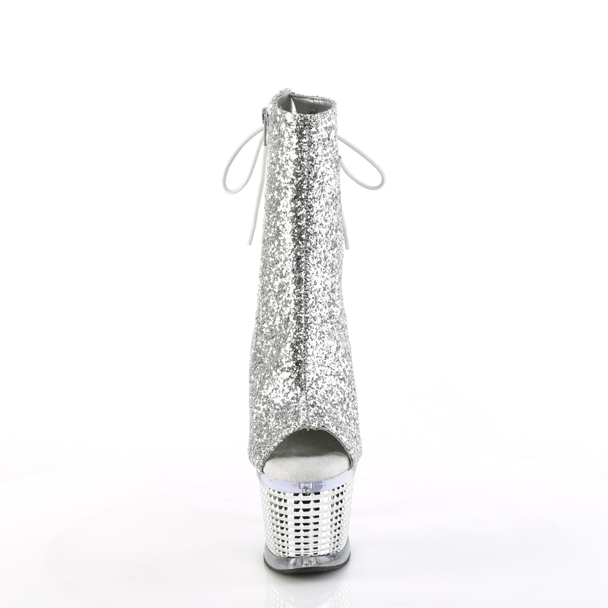 Pleaser Spectator-1018G SG/C-SCH - Srebrne botki z odkrytymi palcami na wysokiej platformie