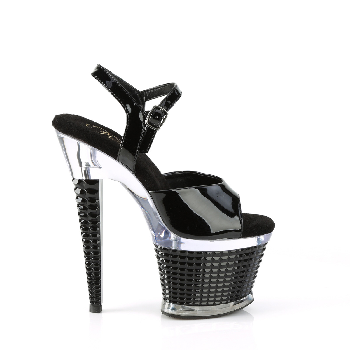 Pleaser Spectator-709 B/C-B - Błyszczące czarne sandały na wysokiej platformie