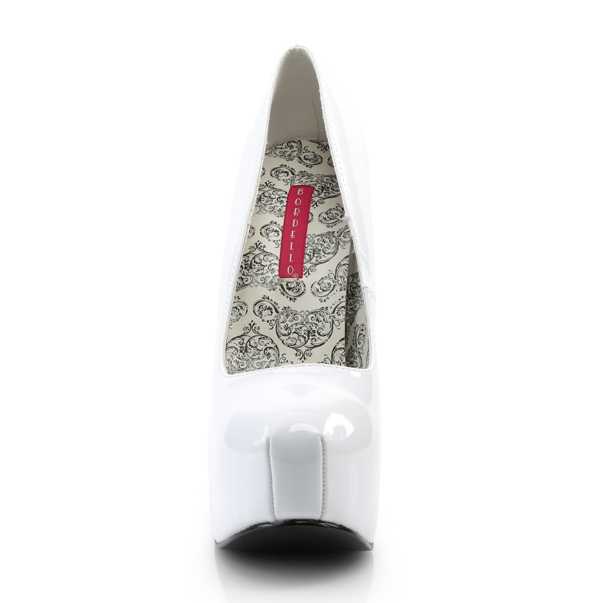 Bordello Teeze-06 W - Błyszczące białe czółenka na platformie z wysokimi obcasami