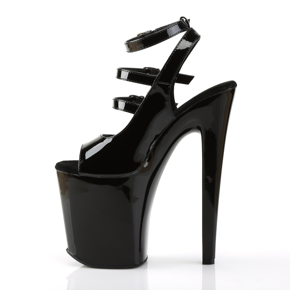 Pleaser Xtreme-873 B/M - Błyszczące czarne buty z paskiem nad kostką na wysokiej platformie